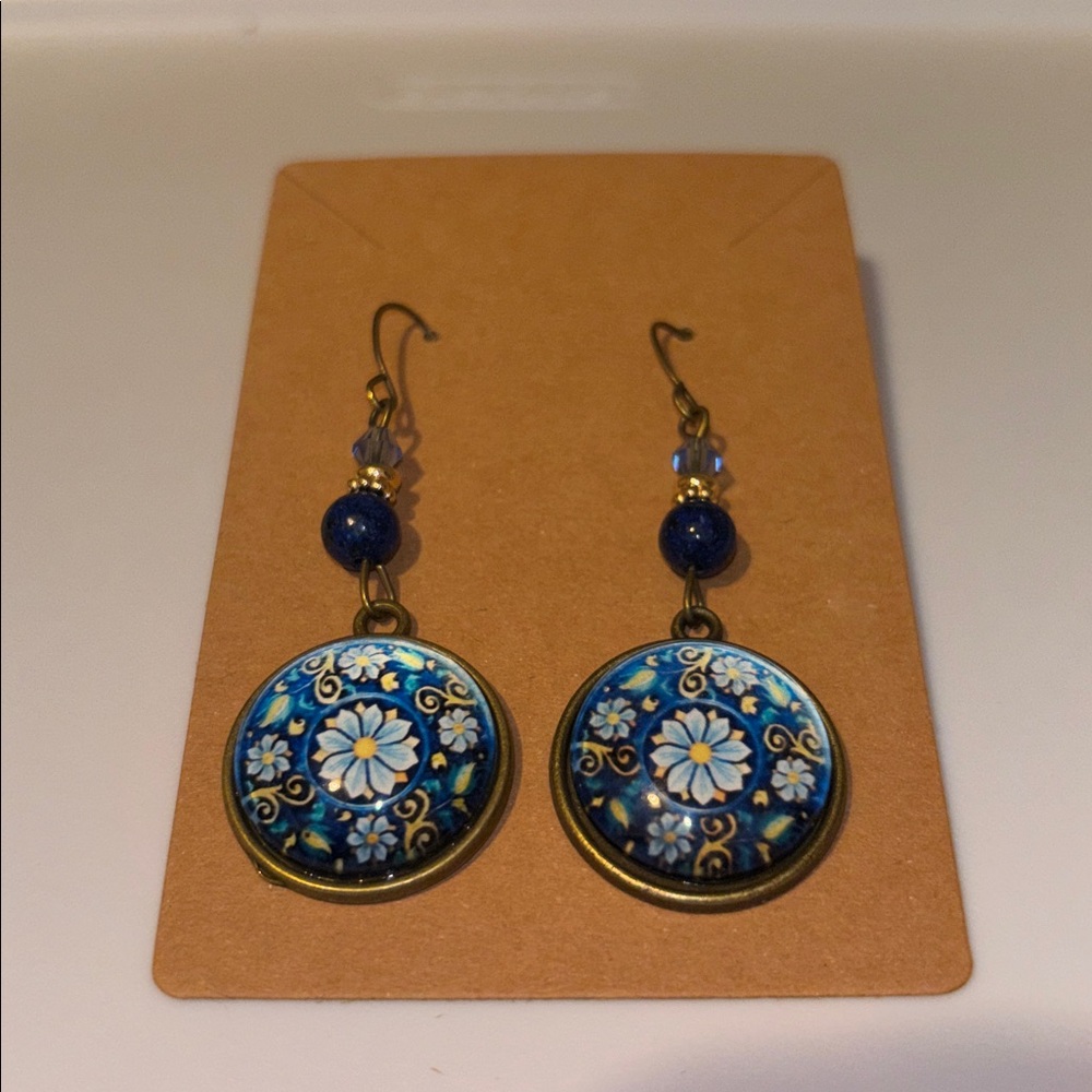 Fashion Jewelry Blue and Gold Floral Earrings
